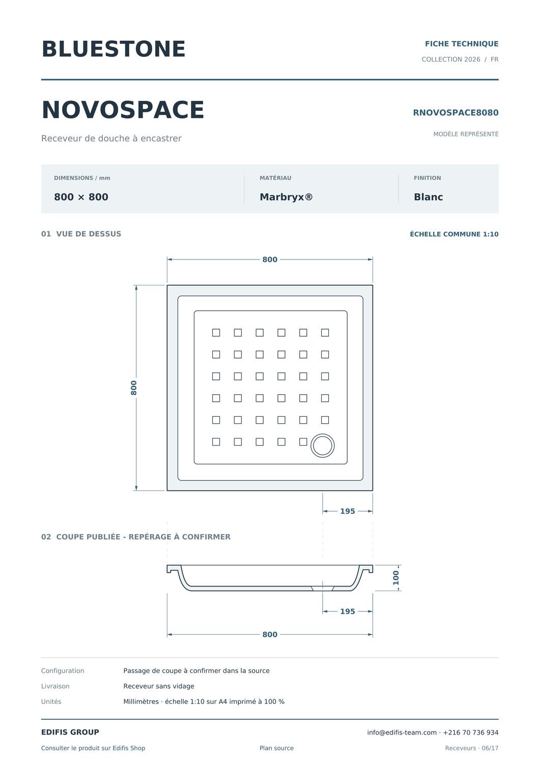 Receveur Novospace 80 x 80 cm sans vidage — vue 4