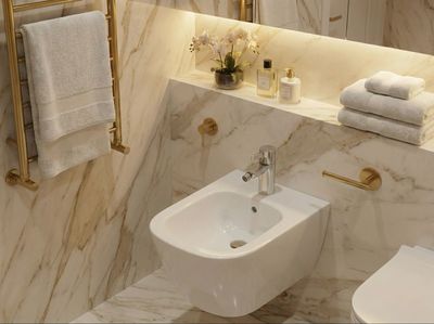 Bidet suspendu Geberit Smyle Square caréné Bidet mural blanc avec robinetterie argentée et accessoires de salle de bains dorés, sur un mur et un comptoir en marbre.