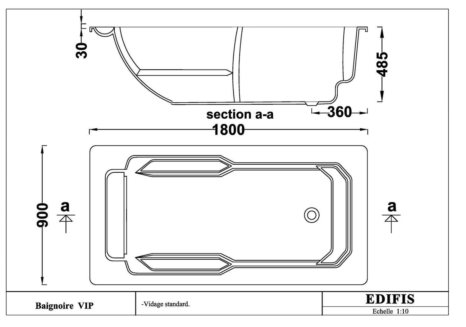 Baignoire VIP hydromassage simple 180 x 90 cm — vue 5