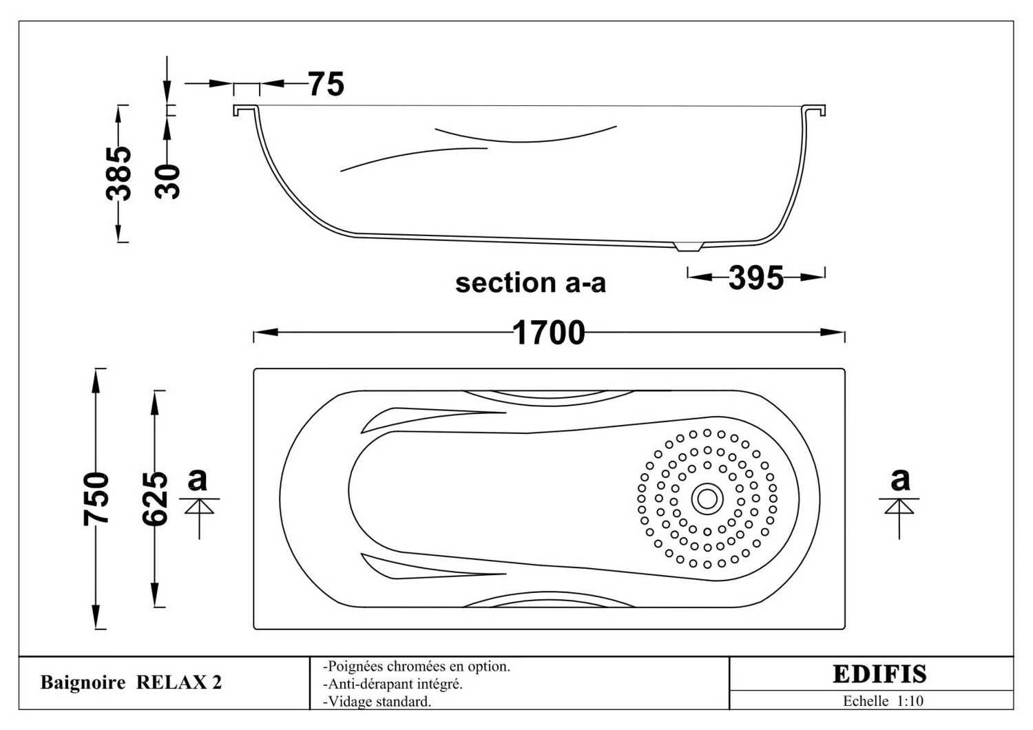 Baignoire Relax hydromassage simple 170 x 75 cm avec accoudoirs intégrés et zone douche anti-dérapante - vue 4