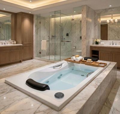 Baignoire Relax hydromassage : baignoire blanche simple et spacieuse avec accoudoirs intégrés et entourage en marbre.