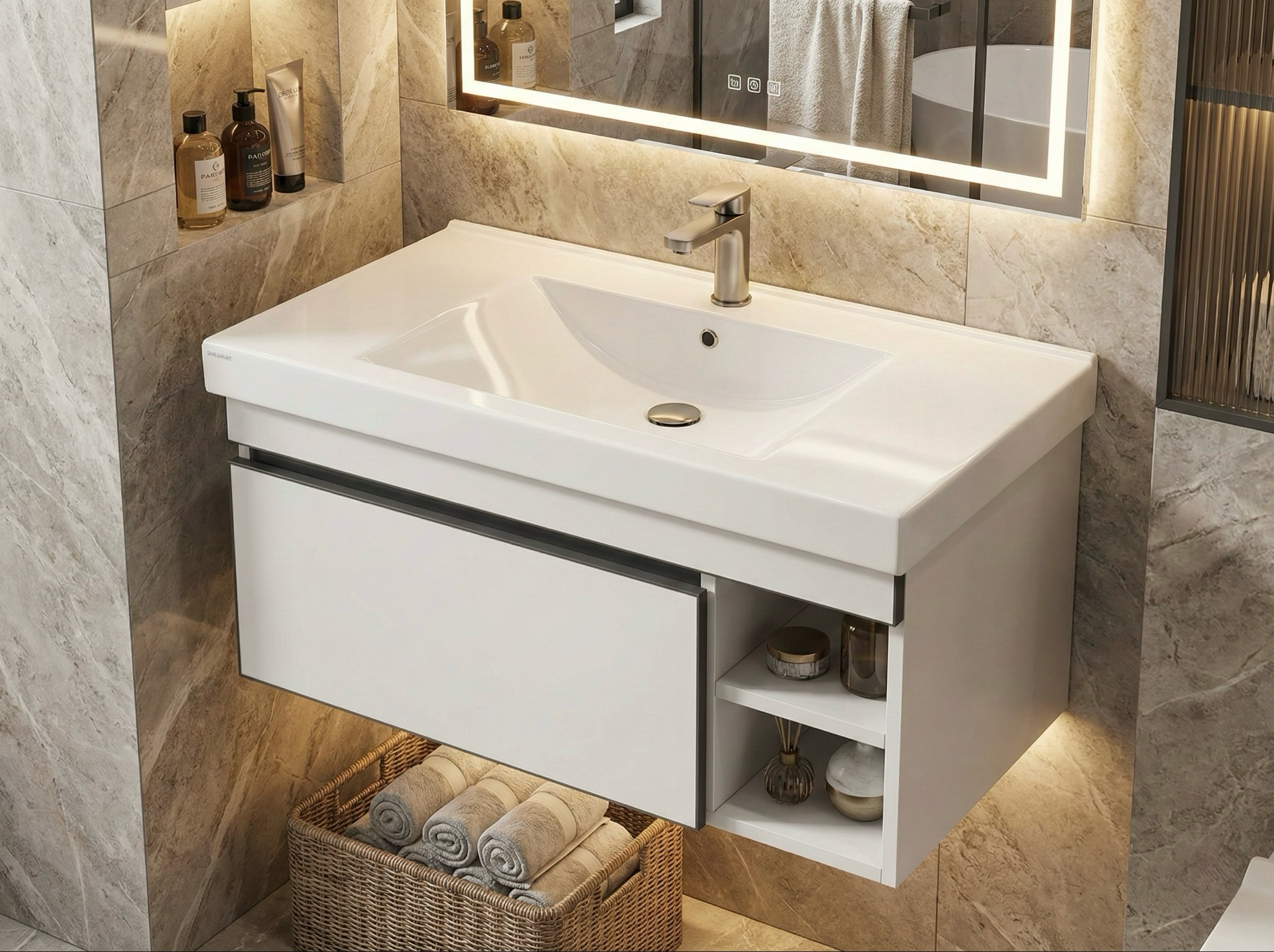 Meuble de salle de bains Spazio 90 cm à un tiroir avec niches (sans vasque) - vue 7