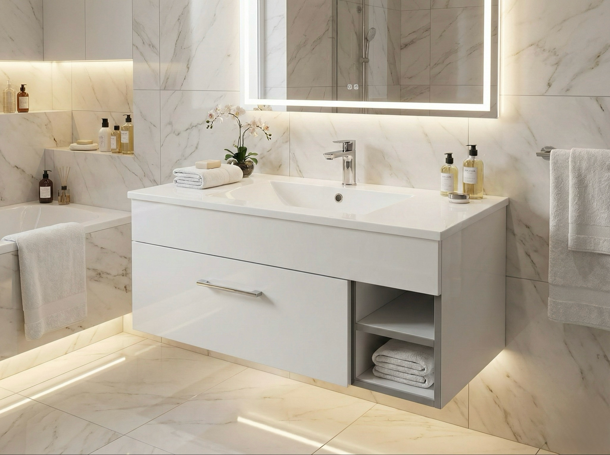 Meuble de salle de bains Spazio 90 cm à un tiroir avec niches (sans vasque) - vue 11