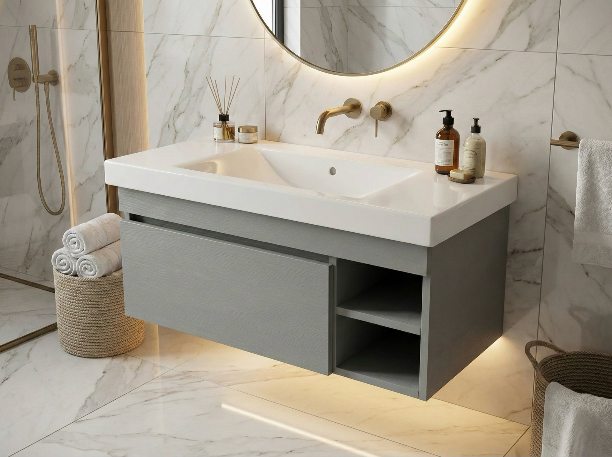 Meuble de salle de bains Spazio 90 cm à un tiroir avec niches (sans vasque) - vue 17