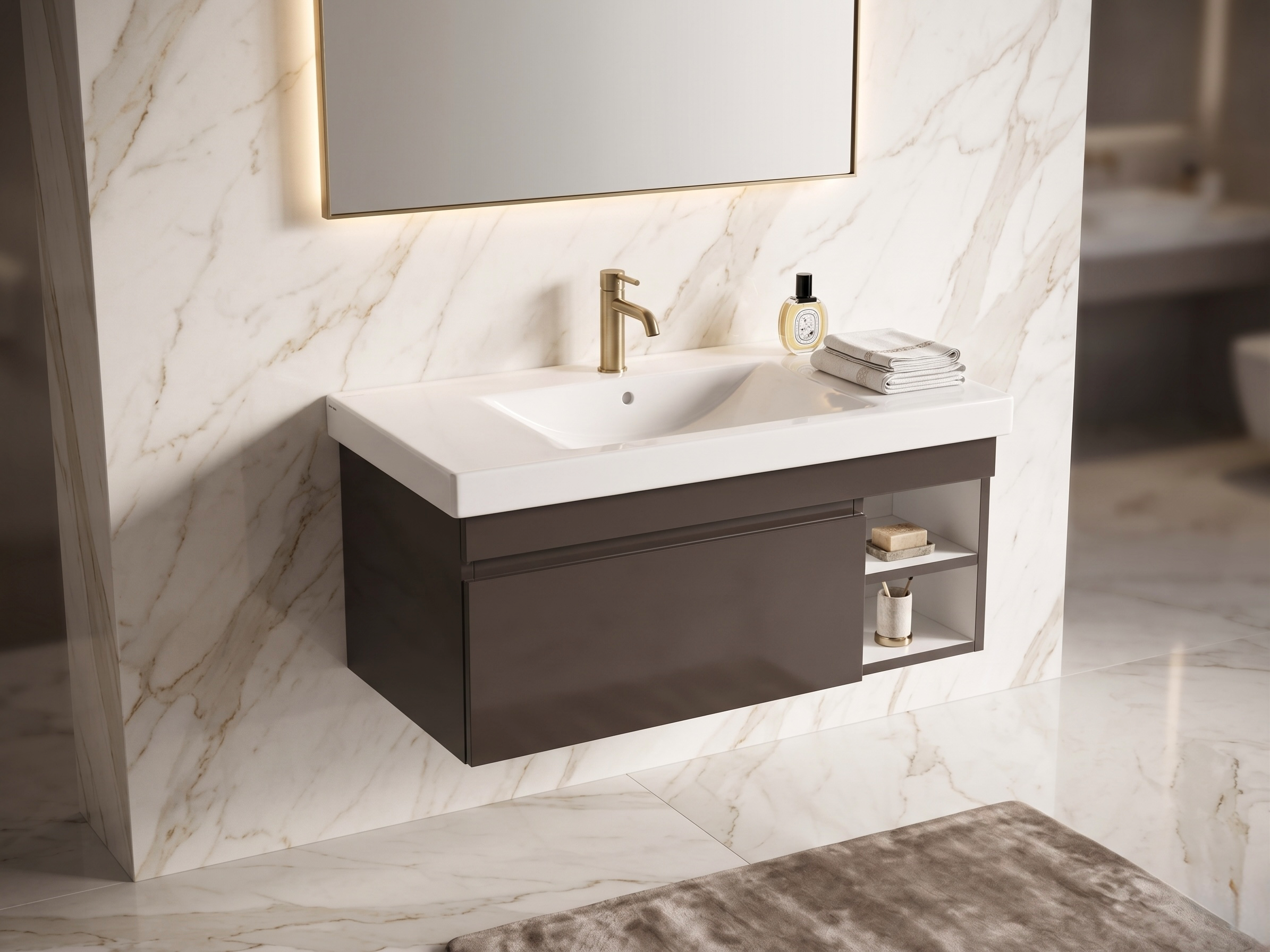 Meuble de salle de bains Spazio 90 cm à un tiroir avec niches (sans vasque) - vue 9