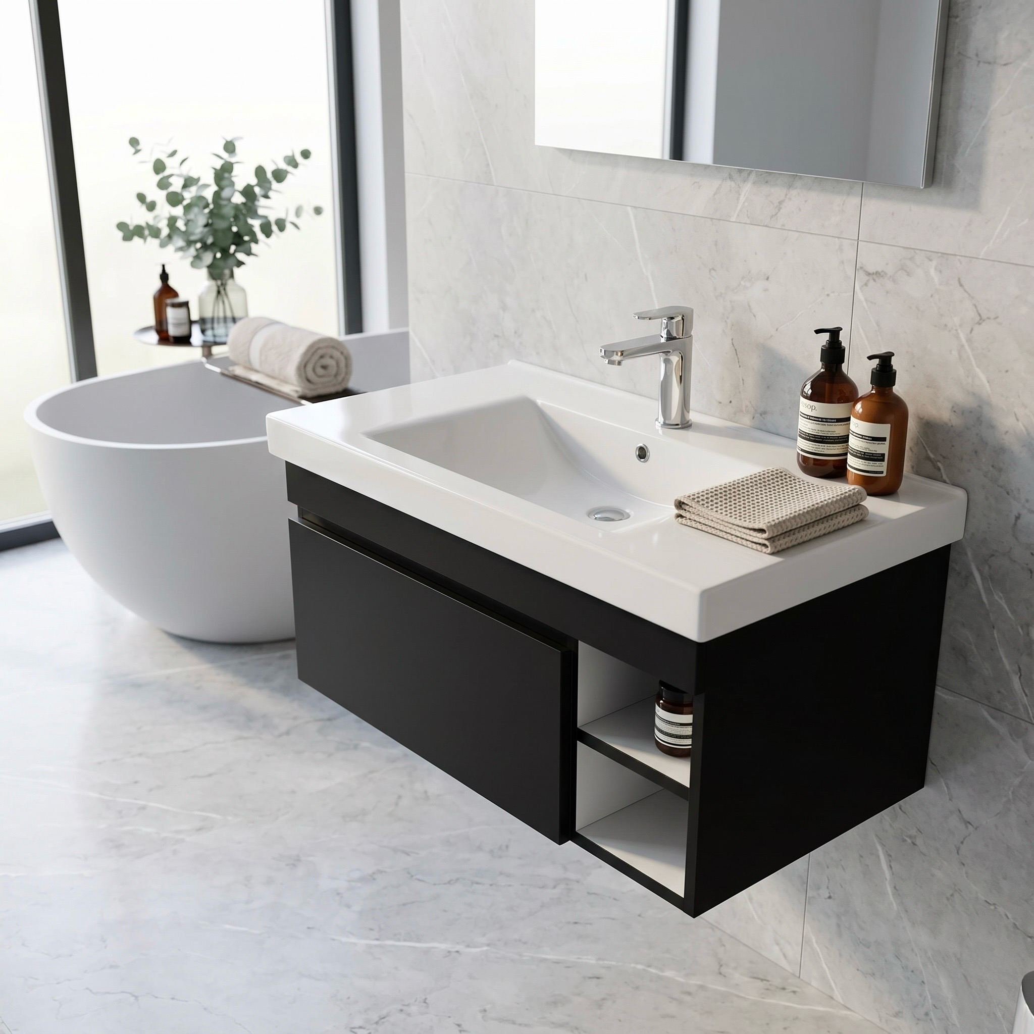 Meuble de salle de bains Spazio 90 cm à un tiroir avec niches (sans vasque) - vue 6
