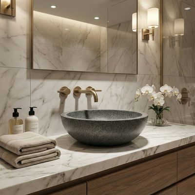 Bol à poser Opera 50 cm granité gris Lavabo vasque en granit gris, 50 cm, élément de salle de bains moderne au design élégant et entouré d'un plan de travail en marbre.