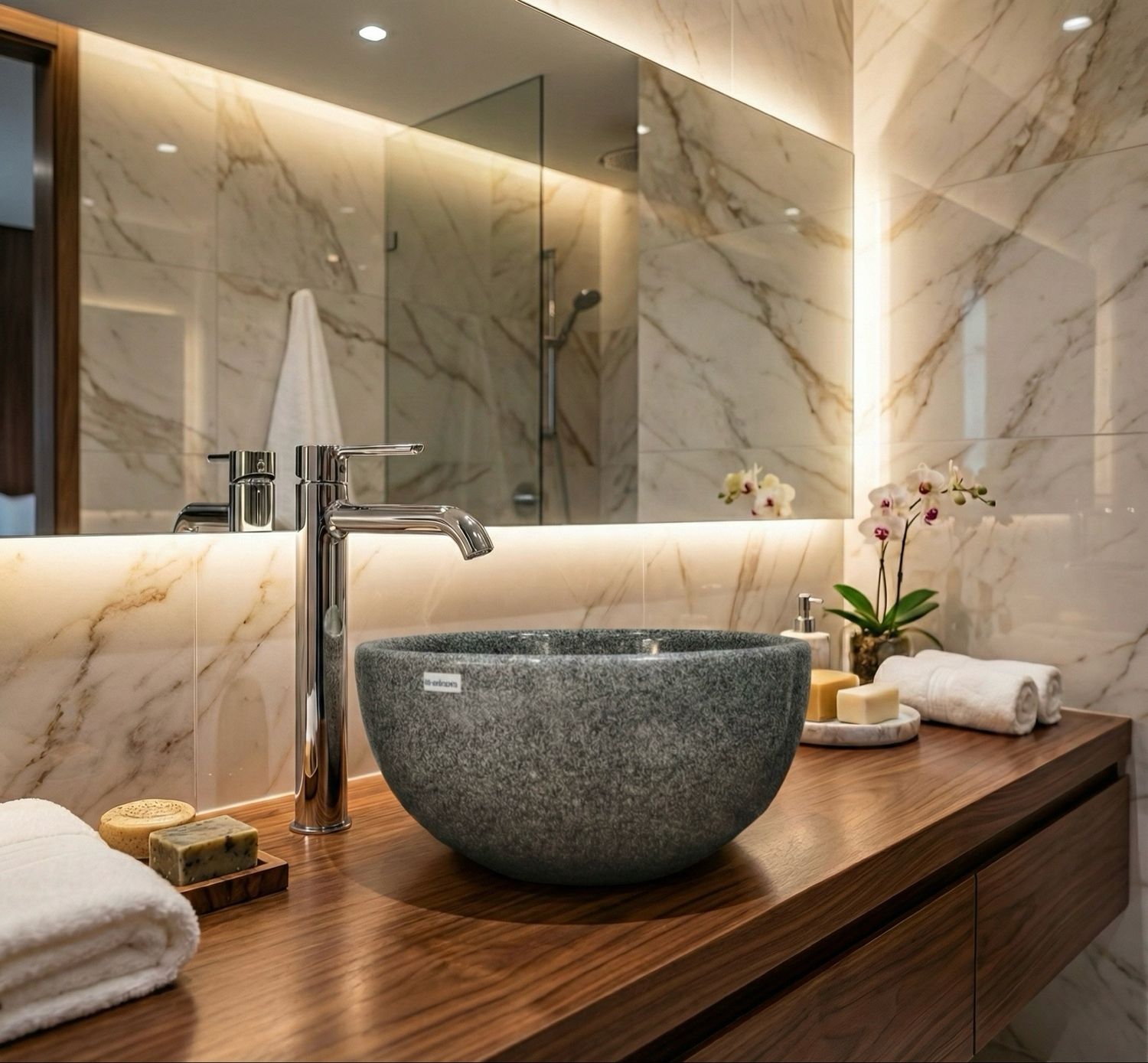 Lavabo vasque en granit gris de 30 cm, accessoire de salle de bain moderne au design élégant et en matériau Marbryx de qualité supérieure.