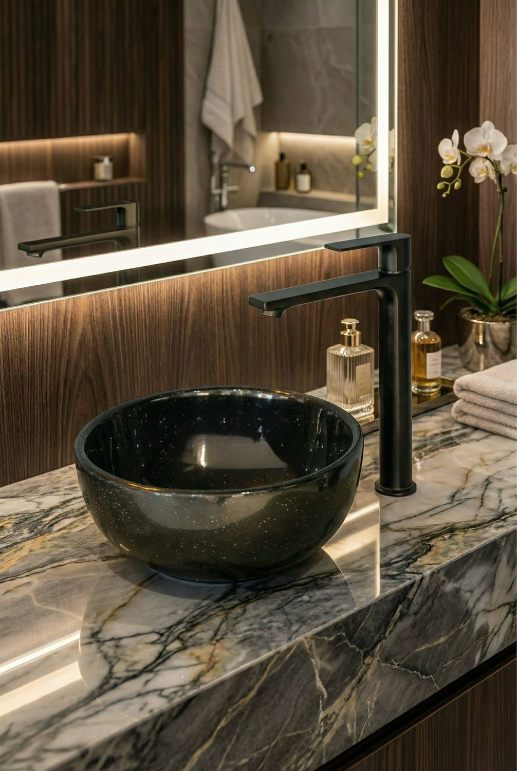 Lavabo vasque en granit noir, 30 cm, sur plan de travail en marbre avec robinetterie moderne et accessoires de salle de bains de luxe.