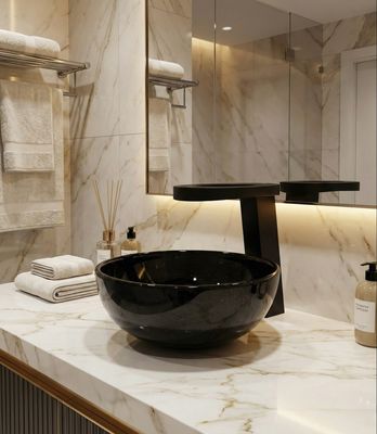 Bol à poser Invités 30 cm granité noir Lavabo vasque en granit noir, 30 cm, accessoire de salle de bain moderne au design épuré et plan de travail en marbre.