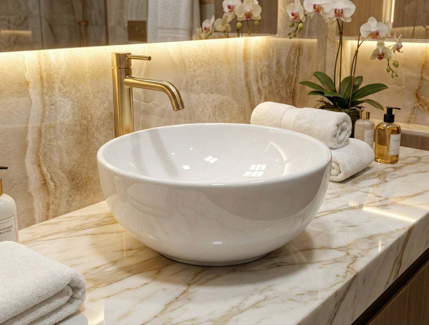 Lavabo vasque en céramique blanche, 30 cm, sur plan de travail en marbre avec robinet doré et accessoires de salle de bains.