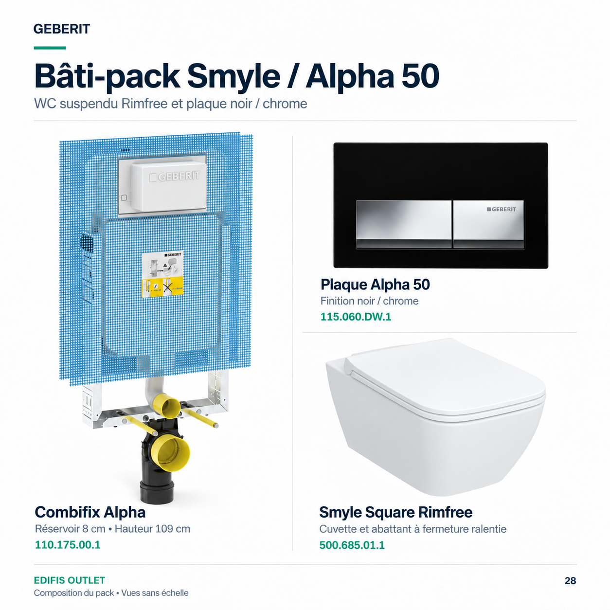 Bâti-pack® WC suspendu Geberit Smyle Rimfree avec plaque design Alpha 50