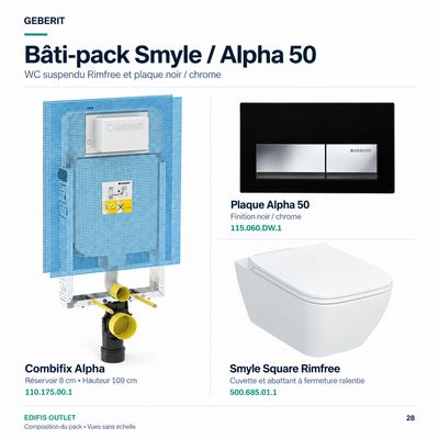 Bâti-pack® WC suspendu Geberit Smyle Rimfree avec plaque design Alpha 50