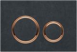 Plaque ronde Geberit Sigma50 avec boutons affleurants en or rose sur fond gris ardoise Mustang.