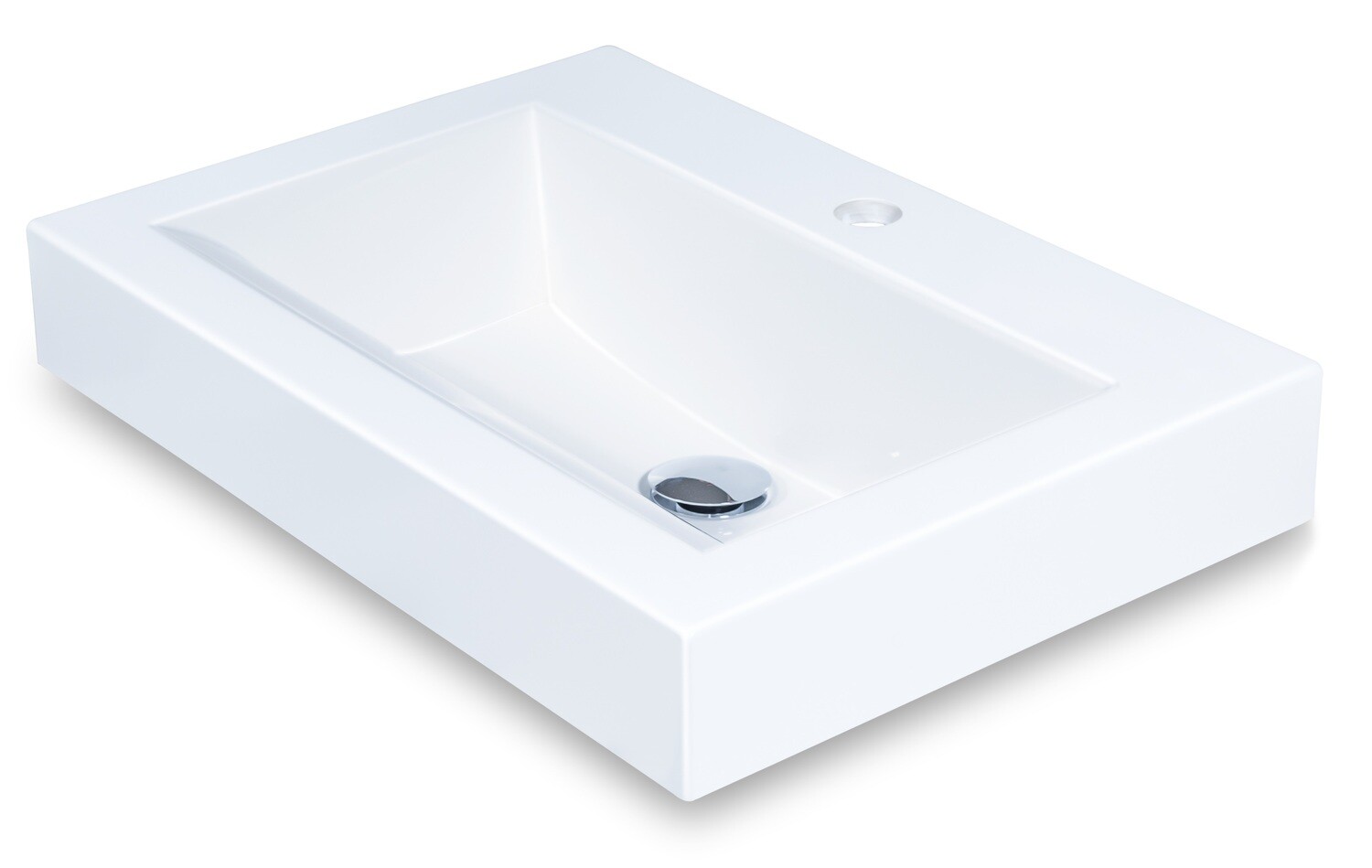 Vasque à poser Quadro 56 cm, lavabo rectangulaire blanc avec couvercle de bonde argenté et trou de trop-plein.