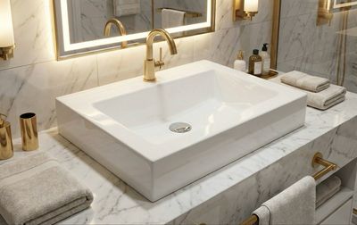 Vasque à poser Quadro 56 cm, lavabo rectangulaire blanc avec robinet doré sur comptoir en marbre.