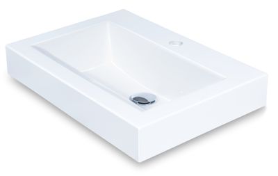 Vasque à poser Quadro 56 cm, lavabo rectangulaire blanc avec couvercle de bonde argenté et trou de trop-plein.