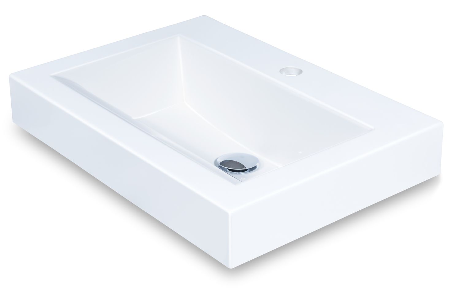 Vasque à poser Quadro 56 cm, lavabo rectangulaire blanc avec couvercle de bonde argenté et trou de trop-plein.