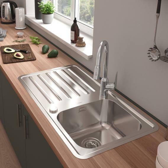 Évier de cuisine Hansgrohe encastré simple bac 40 x 40 cm avec égouttoir en acier inoxydable brossé