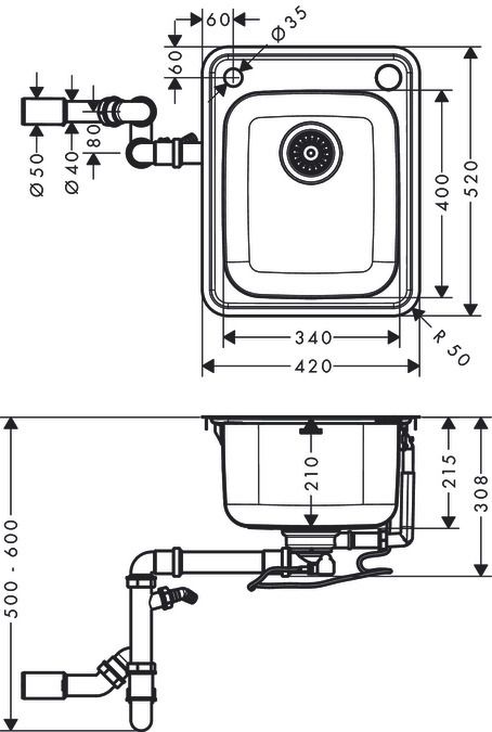 Évier de cuisine Hansgrohe encastré simple bac 34 x 40 cm en acier inoxydable brossé