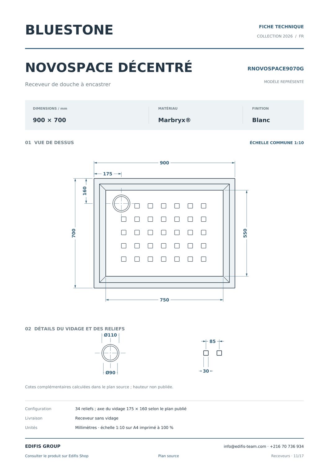 Receveur Novospace décentré 90 x 70 cm sans vidage — vue 5