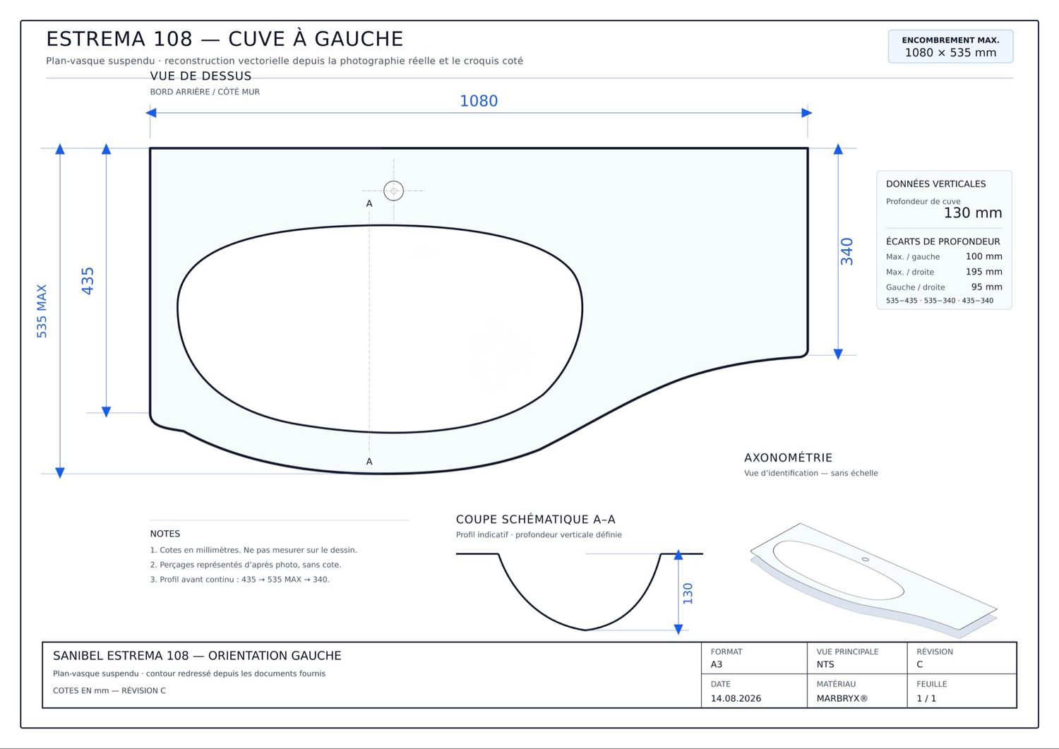 Vanity top Estrema 108 cm — Product view 3