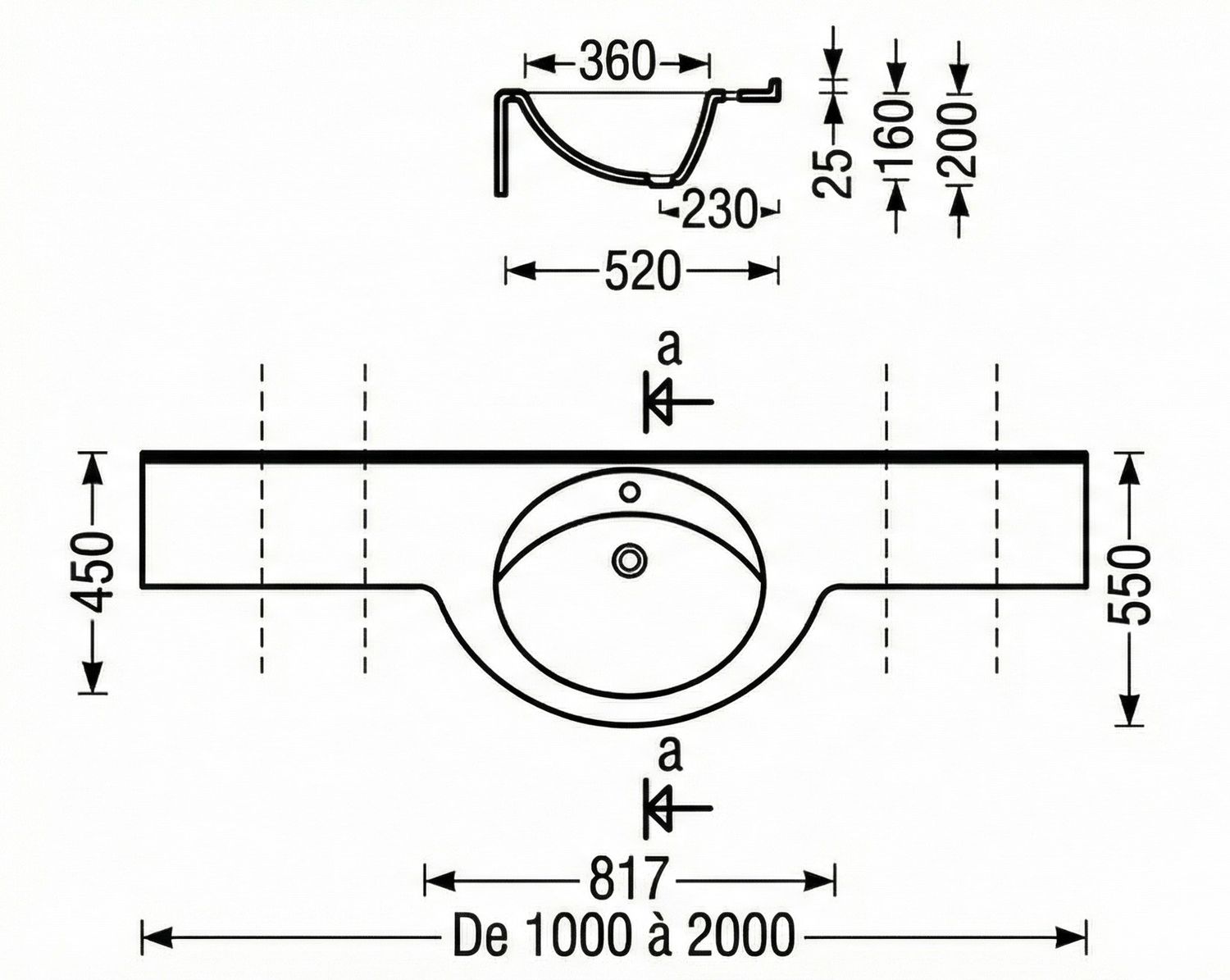 Vanity top Dune (100 to 200 cm) x 55 cm — Product view 4