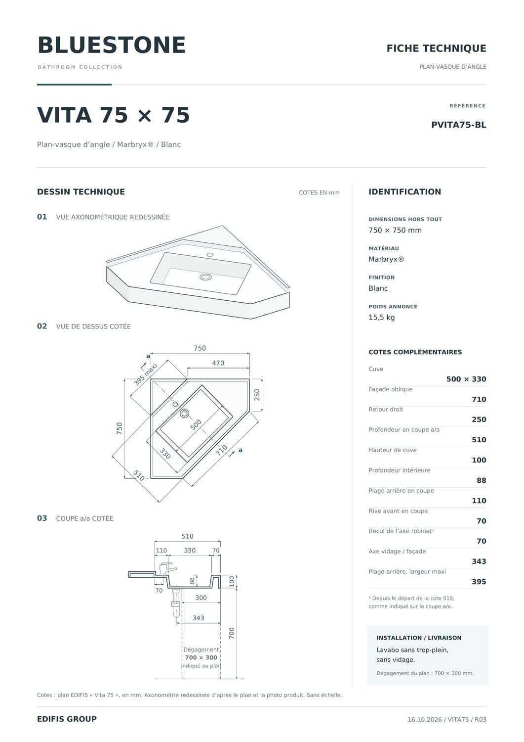 Plan-vasque d'angle Vita 75 cm — Vue produit 5