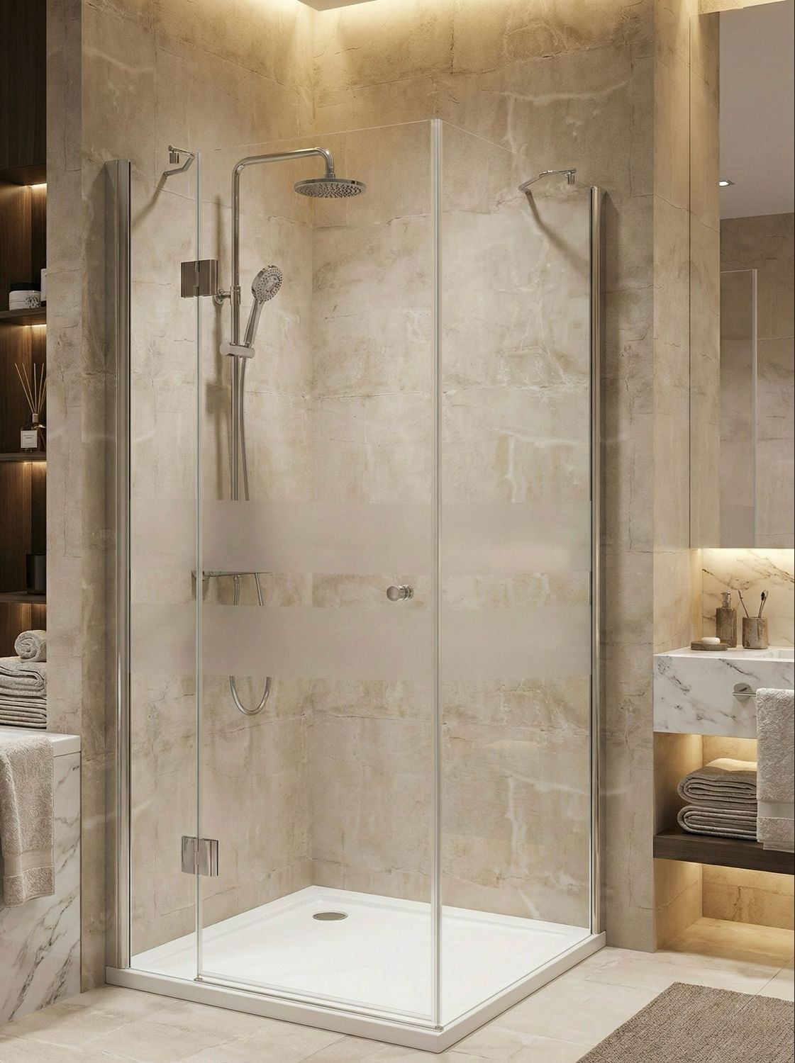 Cabine de douche Innovativ en verre trempé (Securit) clair avec deux bandes sablées et porte pivotante