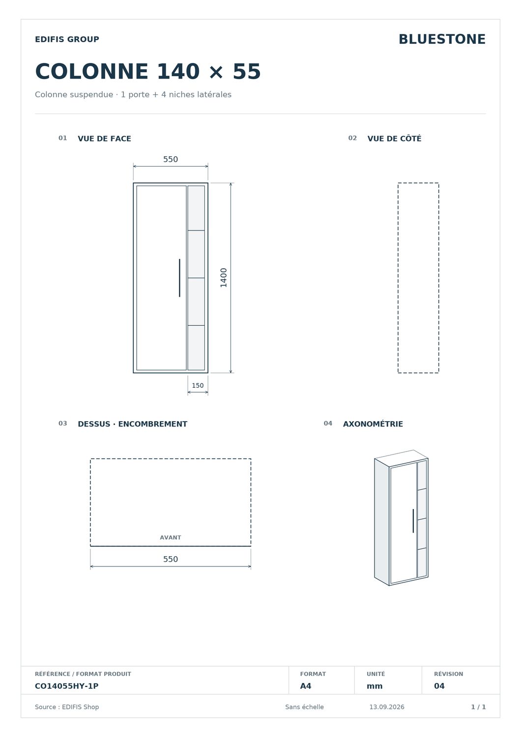 Colonne suspendue 140 x 55 cm avec une porte et quatre niches latérales — vue 3