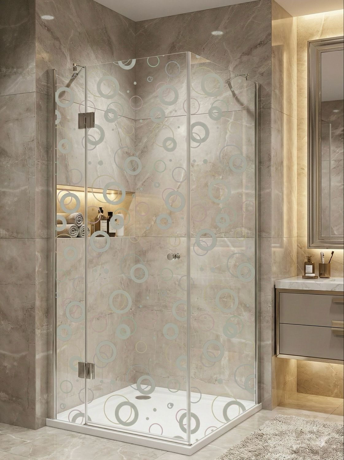 Cabine de douche Innovativ en verre trempé (Securit) clair avec motif et porte pivotante