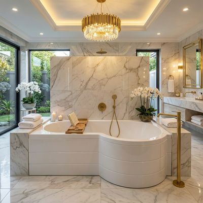 Baignoire douche Duo 160x67 cm, baignoire blanche avec robinetterie dorée dans une salle de bains moderne.
