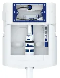 Bâti de toilette mural Geberit Combifix Alpha 12cm blanc et bleu avec composants internes apparents.
