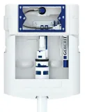 Cadre d'installation mural pour WC Geberit Duofix Alpha 12 cm blanc avec accents et mécanismes bleus.