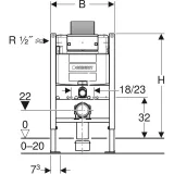 Cadre de support de toilette mural Geberit Duofix Alpha 12 cm avec dimensions indiquées sur le dessin technique.