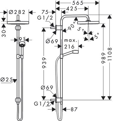 Colonne de douche AXOR One avec douche de tête 280 pour installation encastrée