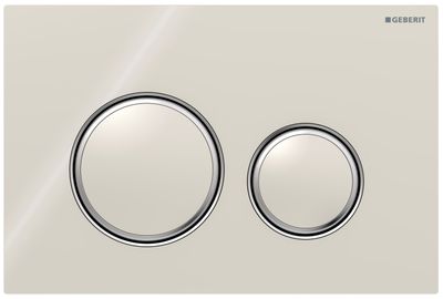 Geberit Sigma50 round plaque de déclenchement, verre brillant sable gris, anneaux chromé brillant.