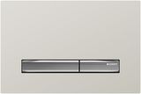 Geberit Sigma50 plaque de déclenchement, verre brillant sable gris, bandes chromé brossé, logo Geberit.