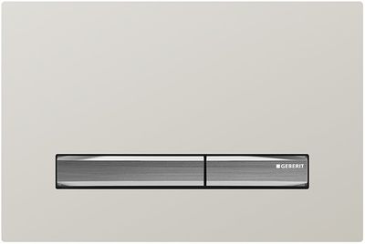 Geberit Sigma50 plaque de déclenchement, verre brillant sable gris, bandes chromé brossé, logo Geberit.
