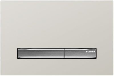 Geberit Sigma50 plaque de déclenchement, verre brillant sable gris, bandes chromé brossé, logo Geberit.