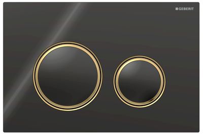 Geberit Sigma50 round plaque de déclenchement, laiton brossé, verre brillant noir, design anneaux.
