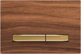 Geberit Sigma50 plaque de déclenchement laiton brossé sur fond Noyer américain.