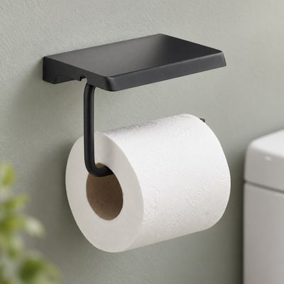 Black Wall-Mounted Roll Holder with Support Surface Black Wall-Mounted Roll Holder with Support Surface