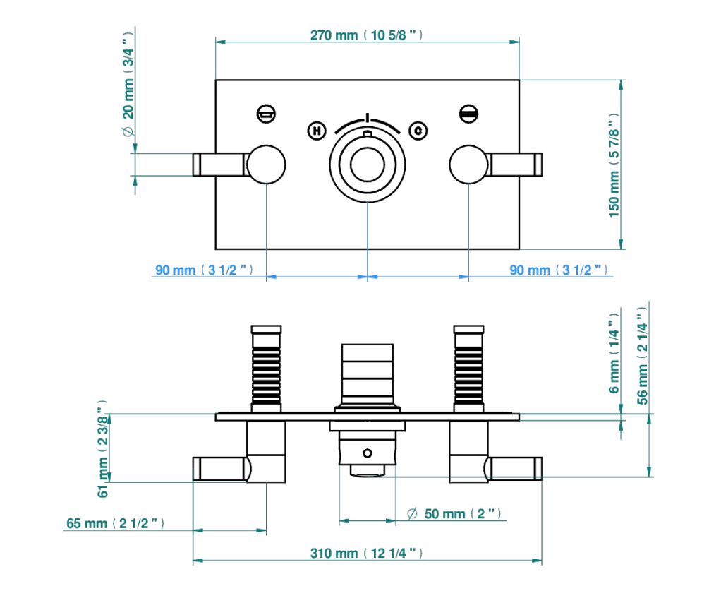 Set de finition THG pour douche thermostatique à encastrer avec deux robinets d'arrêt pour installation horizontale à 2 fonctions - Collection "Anoa"