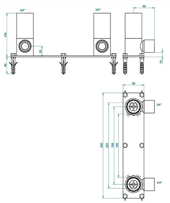 Platine de fixation pour mélangeur de baignoire sur pieds THG, arrivées F 3/4" sorties F 3/4"