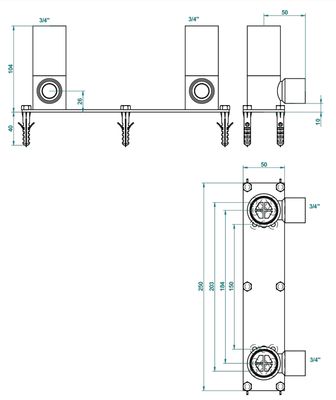 Platine de fixation pour mélangeur de baignoire sur pieds THG, arrivées F 3/4" sorties F 3/4"