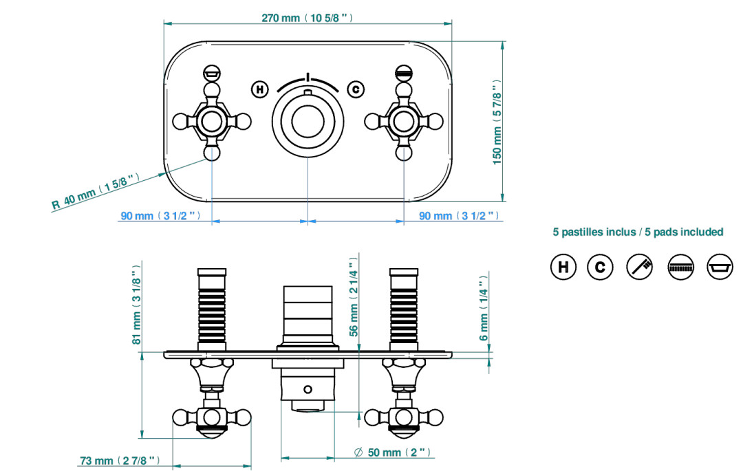 Set de finition THG pour douche thermostatique à encastrer avec deux robinets d'arrêt pour installation horizontale à 2 fonctions - Collection "1900" — vue 4