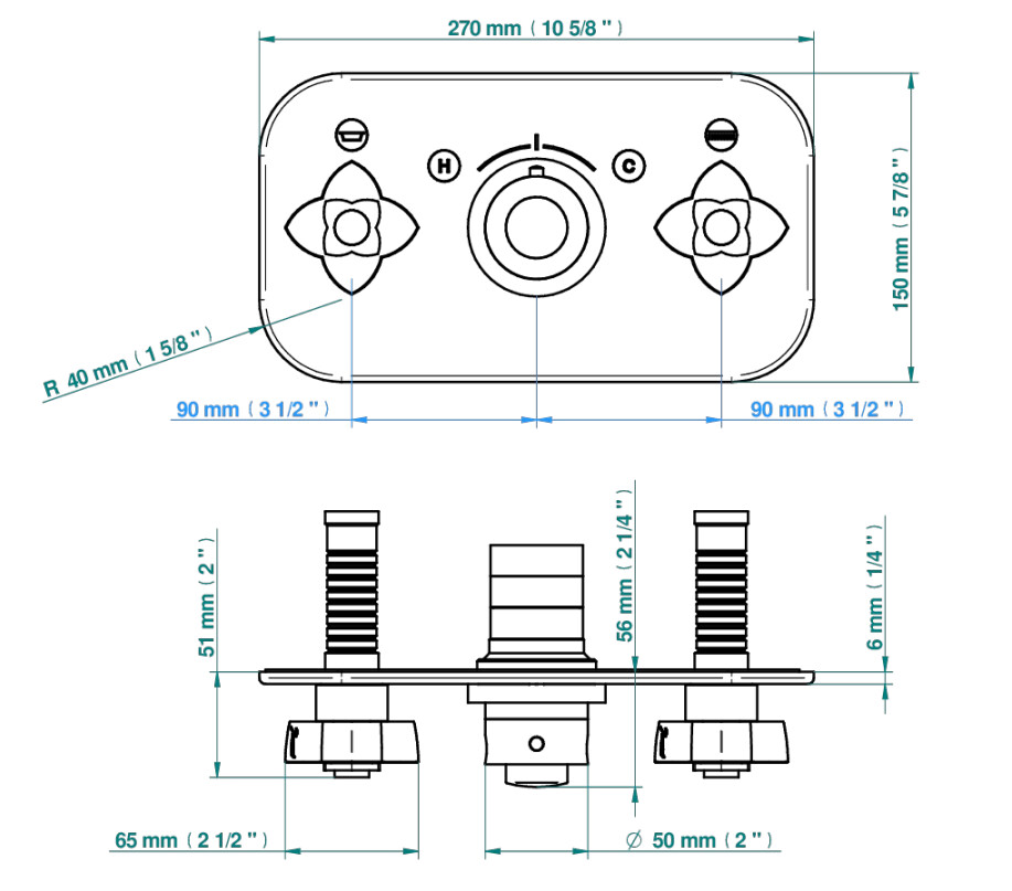 Set de finition THG pour douche thermostatique à encastrer avec deux robinets d'arrêt pour installation horizontale à 2 fonctions - Collection "Pétale de Cristal Clair" — vue 4