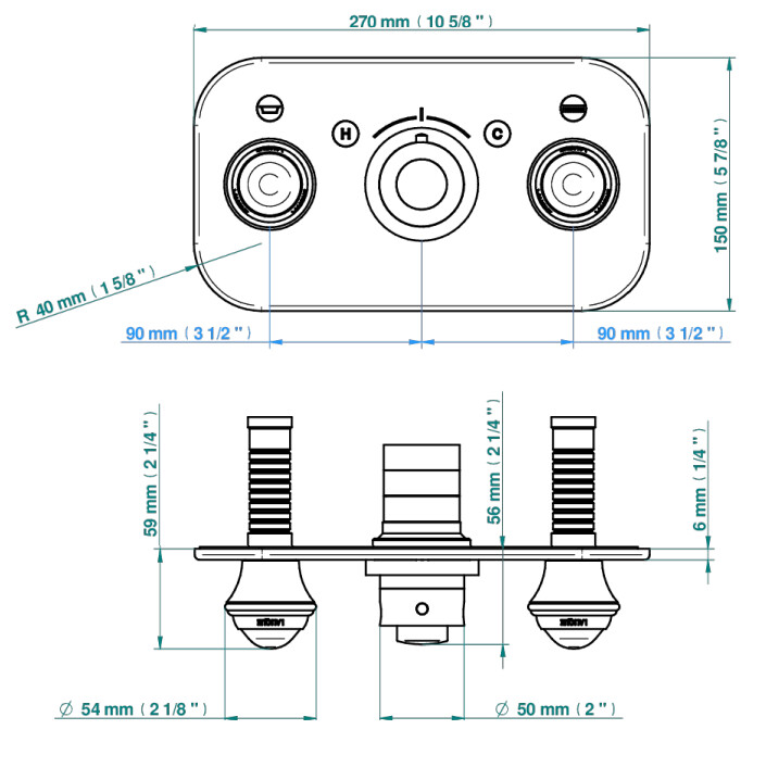 Set de finition THG pour douche thermostatique à encastrer avec deux robinets d'arrêt pour installation horizontale à 2 fonctions - Collection "Papillon" — vue 5
