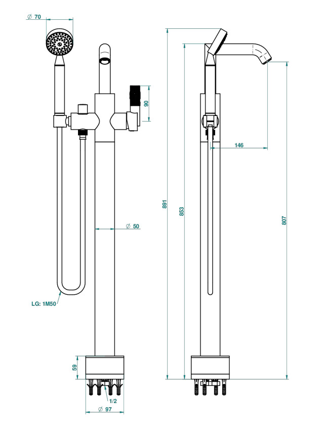 Mitigeur de bain / douche sur pied THG - Collection "Bambou Cristal Clair" — vue 5